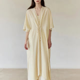 100% Linen V-Neck Batwing Sleeve Maxi Dress