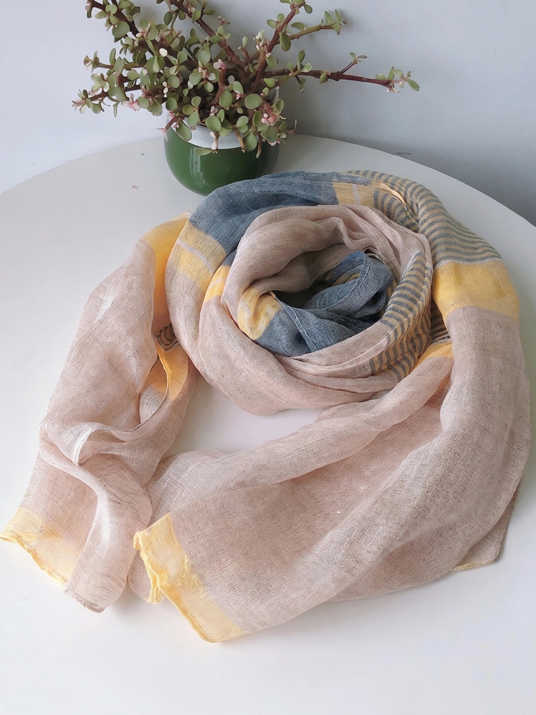 100% Linen Color Block Stripe Scarf