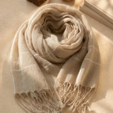100% Linen Stripe Grid Tassel Scarf