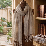 100% Linen Stripe Grid Tassel Scarf