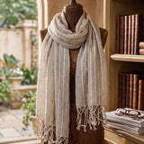 100% Linen Stripe Grid Tassel Scarf
