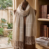 100% Linen Stripe Grid Tassel Scarf