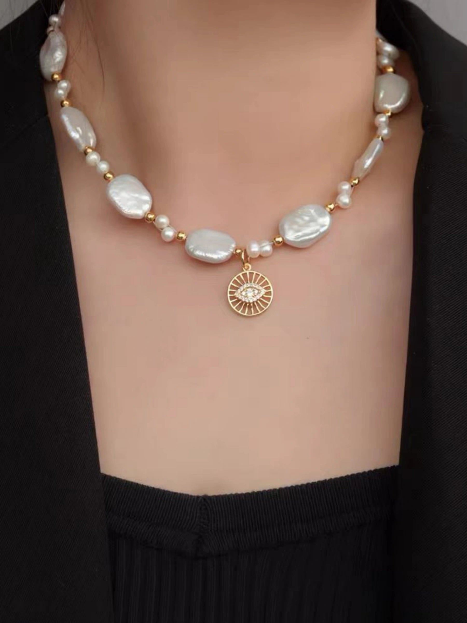 Baroque Pearl Evil Eye Pendant Necklace