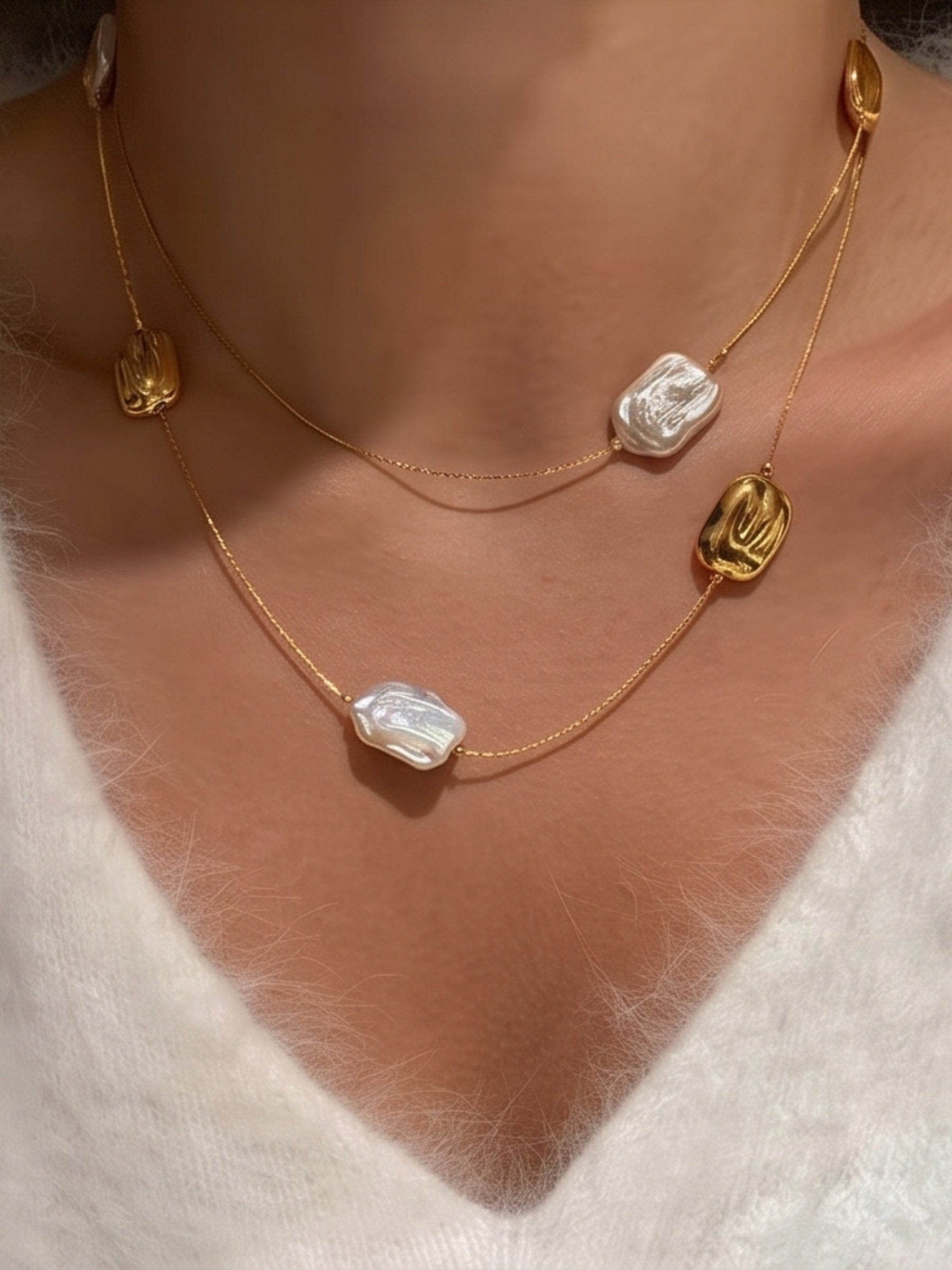 Gold Tone Baroque Pearl Station Necklace