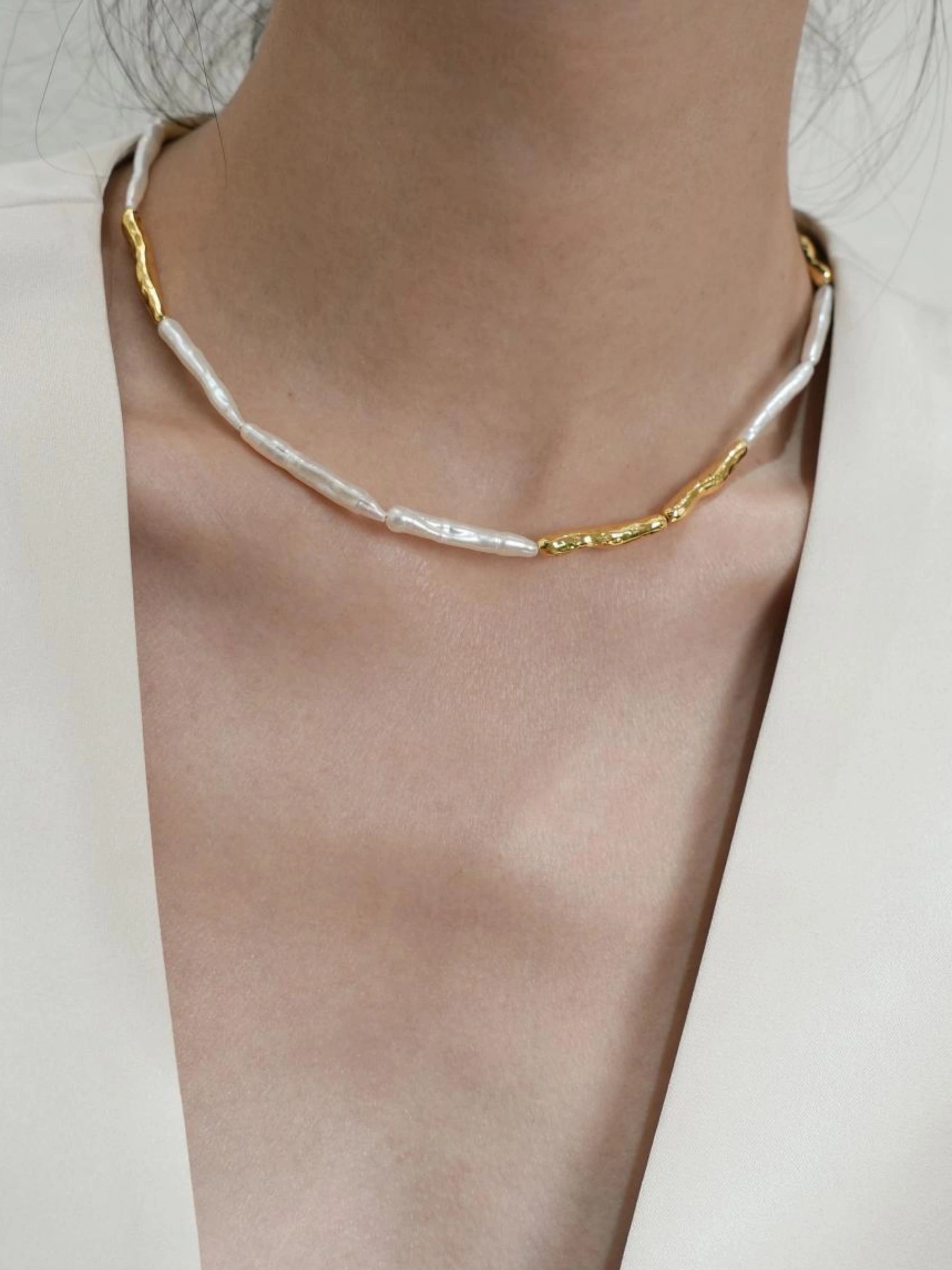 Gold Tone Baroque Pearl Station Necklace