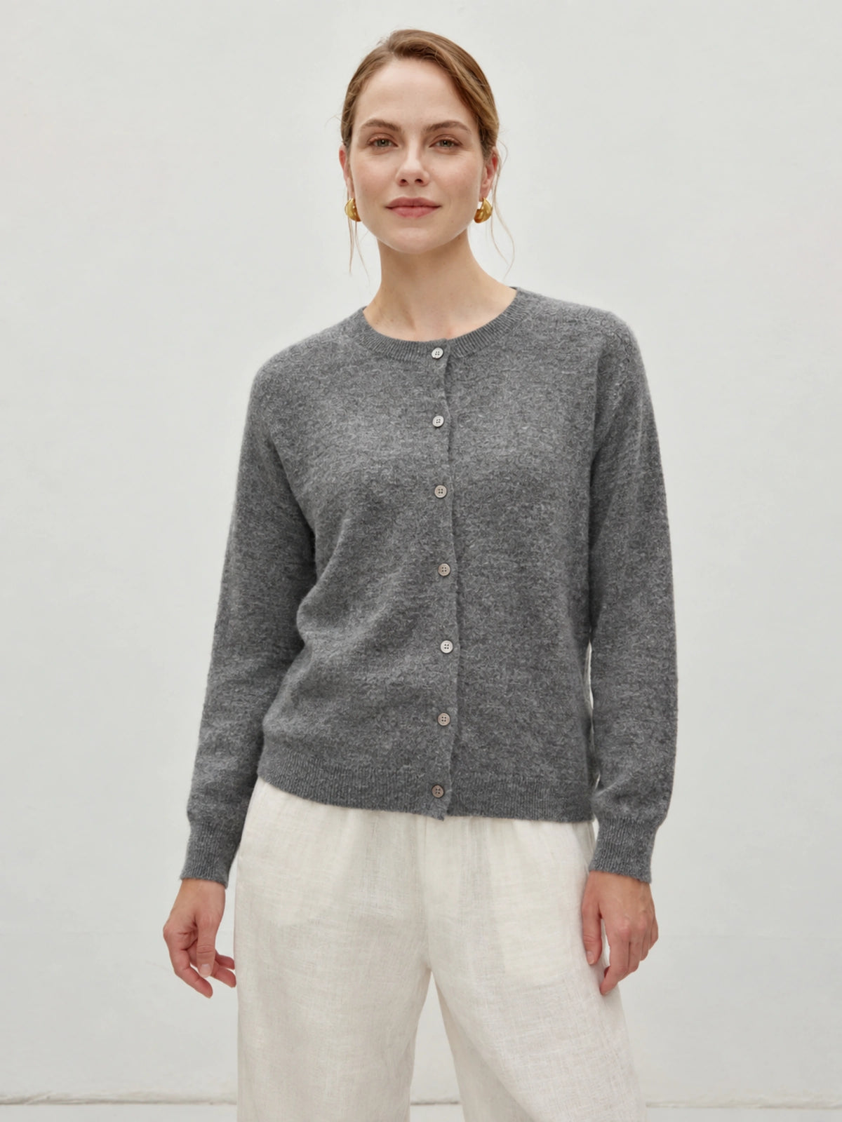 Alpaca Crew-Neck Button-Front Knit Cardigan