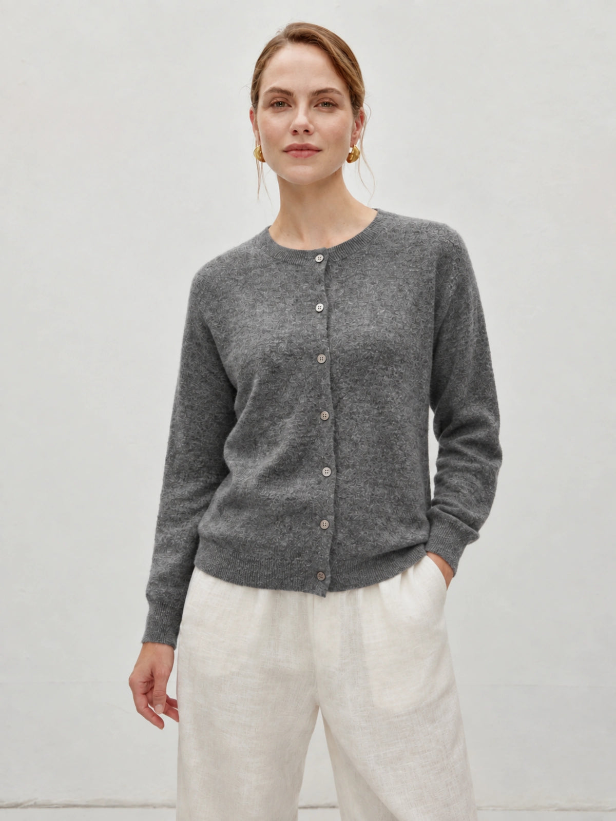 Alpaca Crew-Neck Button-Front Knit Cardigan