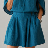 100% Linen Button Waist Pleated Side Pocket Shorts