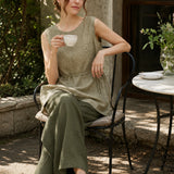 100% Linen Panel Detail Elastic Back Wide Leg Pants