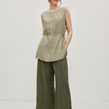 100% Linen Panel Detail Elastic Back Wide Leg Pants