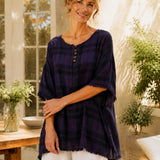100% Linen Plaid Frayed Hem Blouse
