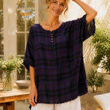 100% Linen Plaid Frayed Hem Blouse
