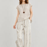 Cotton Linen Dot Print Elastic Waist Pants