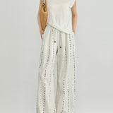 Cotton Linen Dot Print Elastic Waist Pants