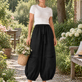 Cotton Linen Drawstring-Waist Curved-Leg Pants with Patch Pockets