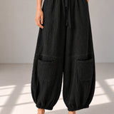 Cotton Linen Drawstring-Waist Curved-Leg Pants with Patch Pockets