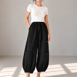 Cotton Linen Drawstring-Waist Curved-Leg Pants with Patch Pockets