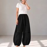 Cotton Linen Drawstring-Waist Curved-Leg Pants with Patch Pockets