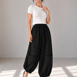 Cotton Linen Drawstring-Waist Curved-Leg Pants with Patch Pockets