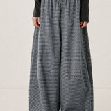Cotton Linen Plaid Wide Leg Pants