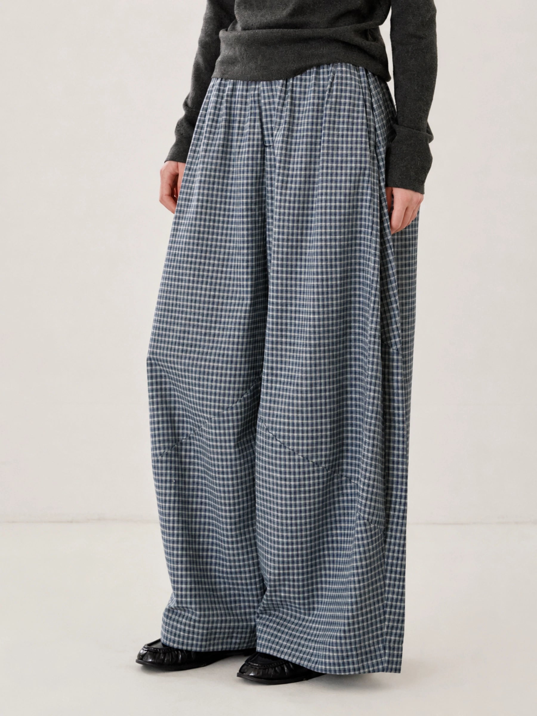 Cotton Linen Plaid Wide Leg Pants