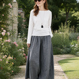 Cotton Linen Plaid Wide Leg Pants