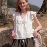 100% Linen V-neck Ruched Front Ruffle Shoulder Blouse