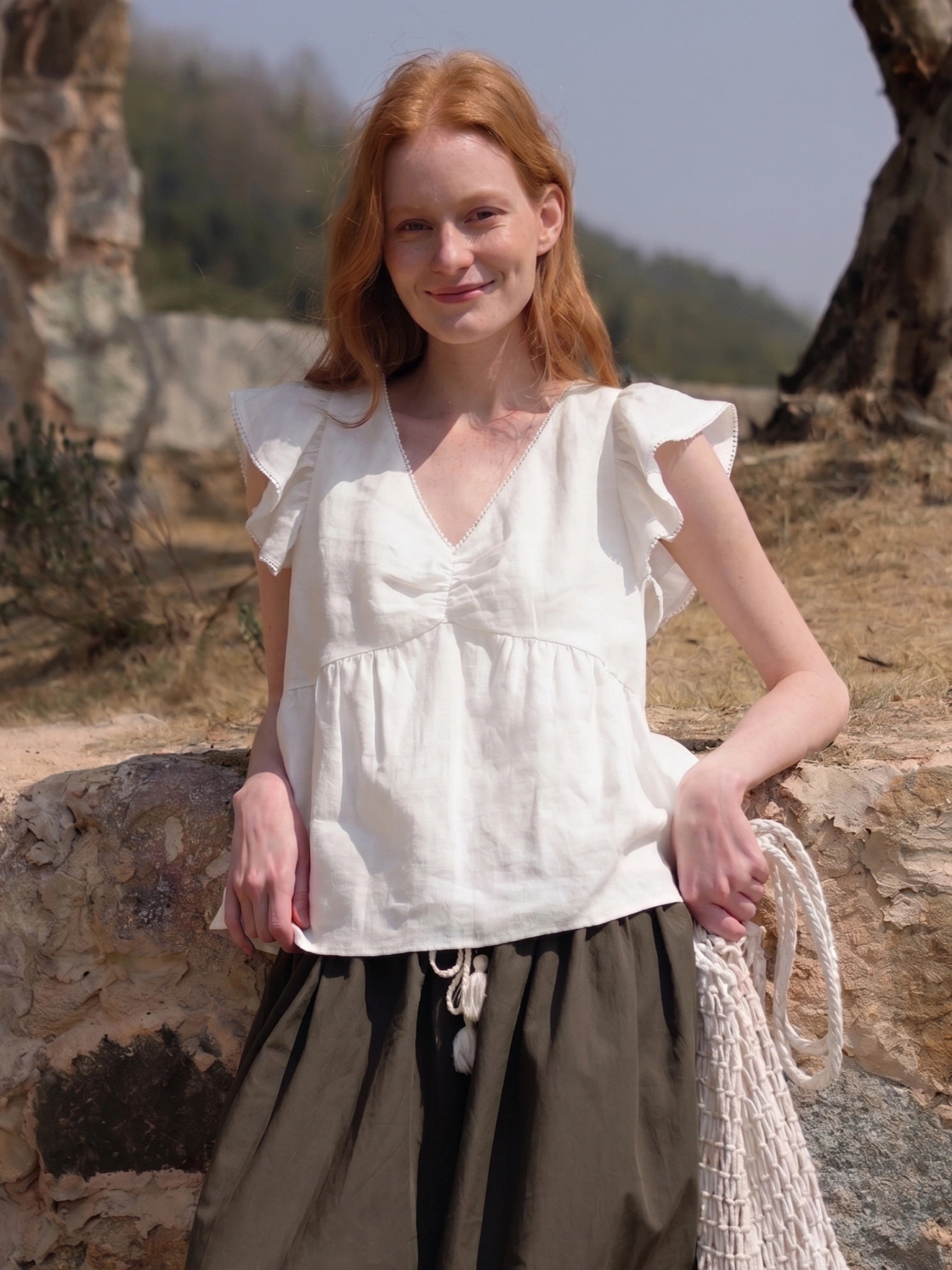 100% Linen V-neck Ruched Front Ruffle Shoulder Blouse