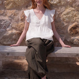 100% Linen V-neck Ruched Front Ruffle Shoulder Blouse