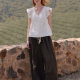 100% Linen V-neck Ruched Front Ruffle Shoulder Blouse