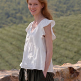 100% Linen V-neck Ruched Front Ruffle Shoulder Blouse
