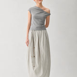 100% Linen Elastic Waist Asymmetric Wrap Pleated Maxi Skirt