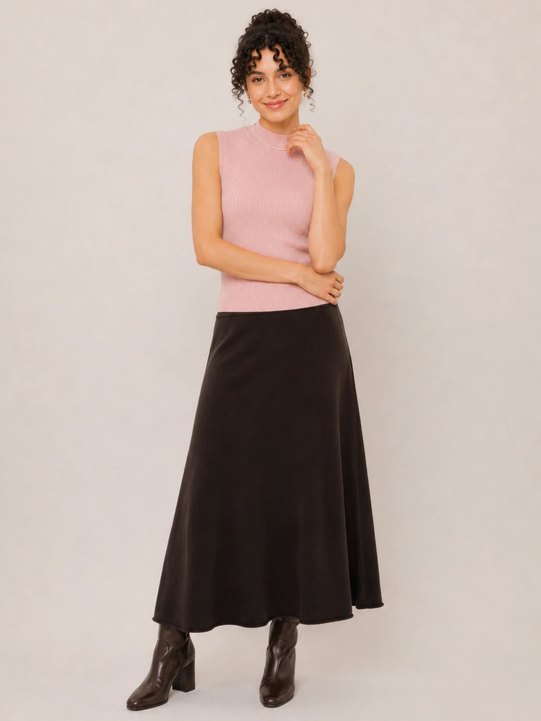 Wool High-Waisted A-Line Knit Midi Skirt