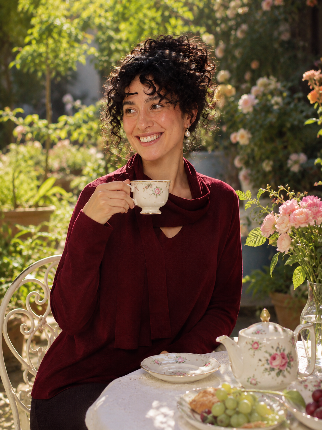 Wool Draped V-Neck Tie Knit Top