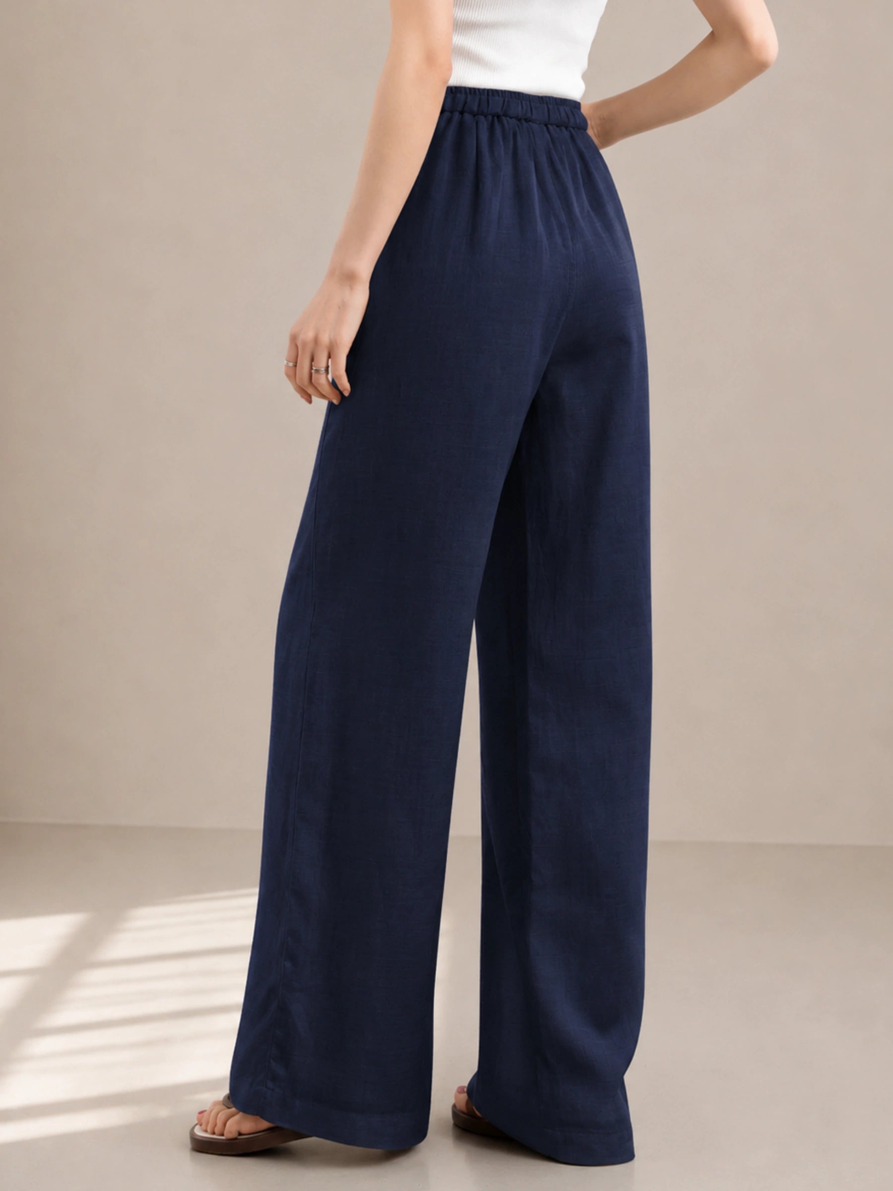 Linen-Lyocell High-Waisted Drawstring Wide-Leg Pants