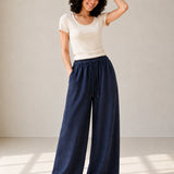 Linen-Lyocell High-Waisted Drawstring Wide-Leg Pants