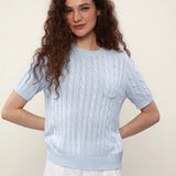 Linen Blend Round Neck Cable Knit Pocket T-Shirt
