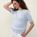 Linen Blend Round Neck Cable Knit Pocket T-Shirt