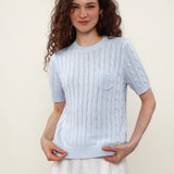 Linen Blend Round Neck Cable Knit Pocket T-Shirt