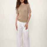 Linen Blend Round Neck Cable Knit Pocket T-Shirt