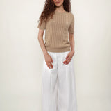 Linen Blend Round Neck Cable Knit Pocket T-Shirt