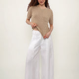 Linen Blend Round Neck Cable Knit Pocket T-Shirt