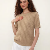Linen Blend Round Neck Cable Knit Pocket T-Shirt