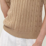 Linen Blend Round Neck Cable Knit Pocket T-Shirt