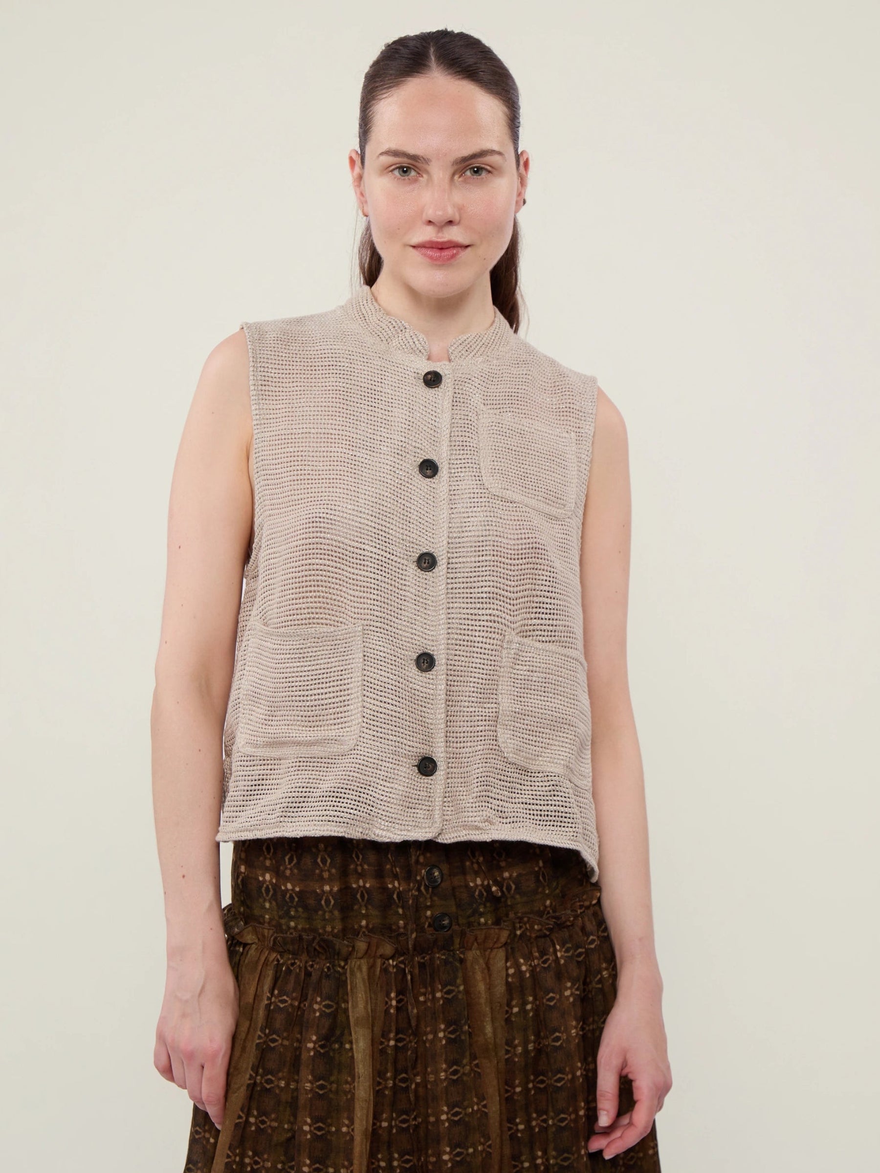 Linen Blend Stand Collar Button-Front Tank Top