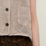 Linen Blend Stand Collar Button-Front Tank Top