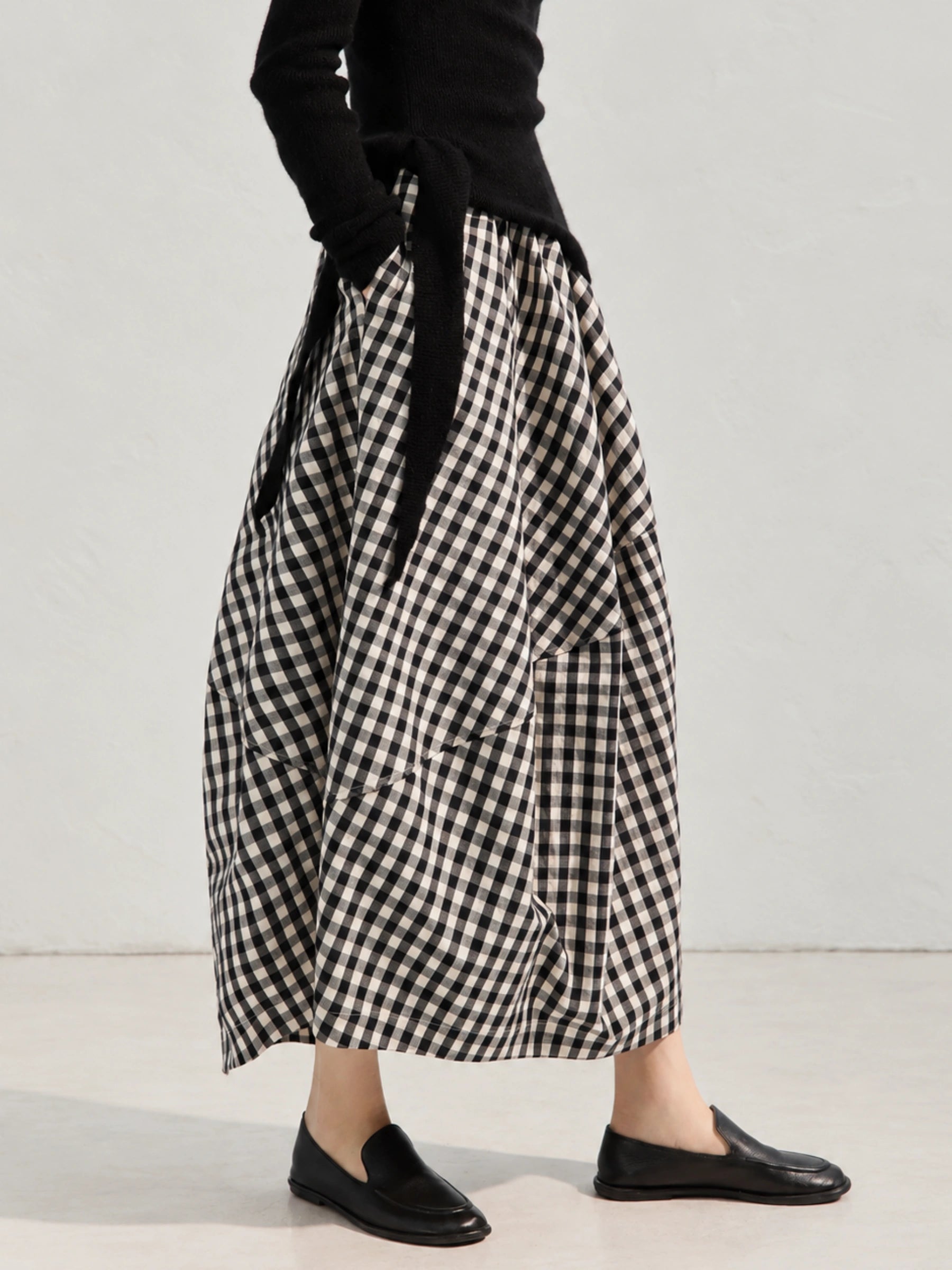 Linen Cotton Check Balloon Skirt