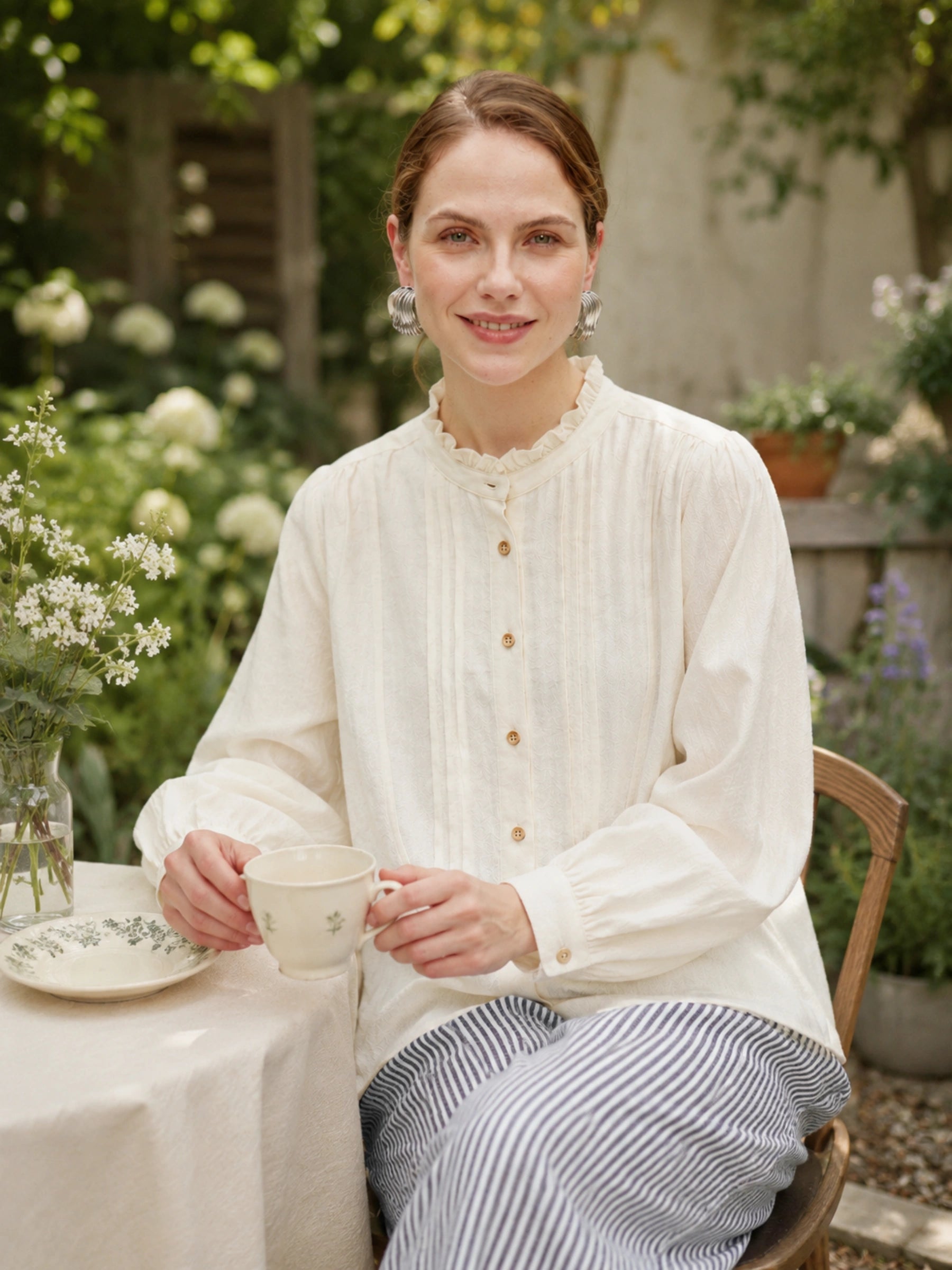 Linen Cotton Ruffle Collar Shirt