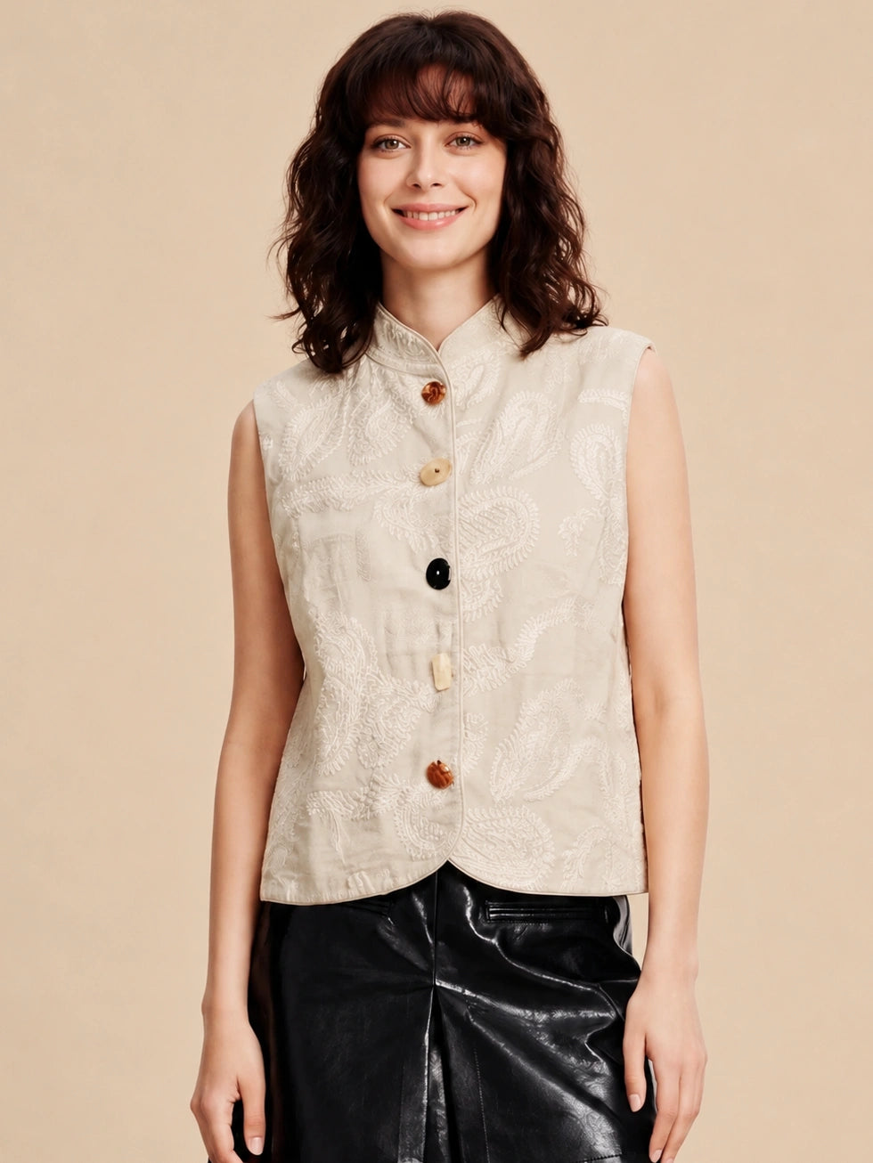Linen Cotton Stand Collar Buttoned Vest