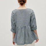 Linen Cotton Vintage Checked Round Neck Long Sleeve Top